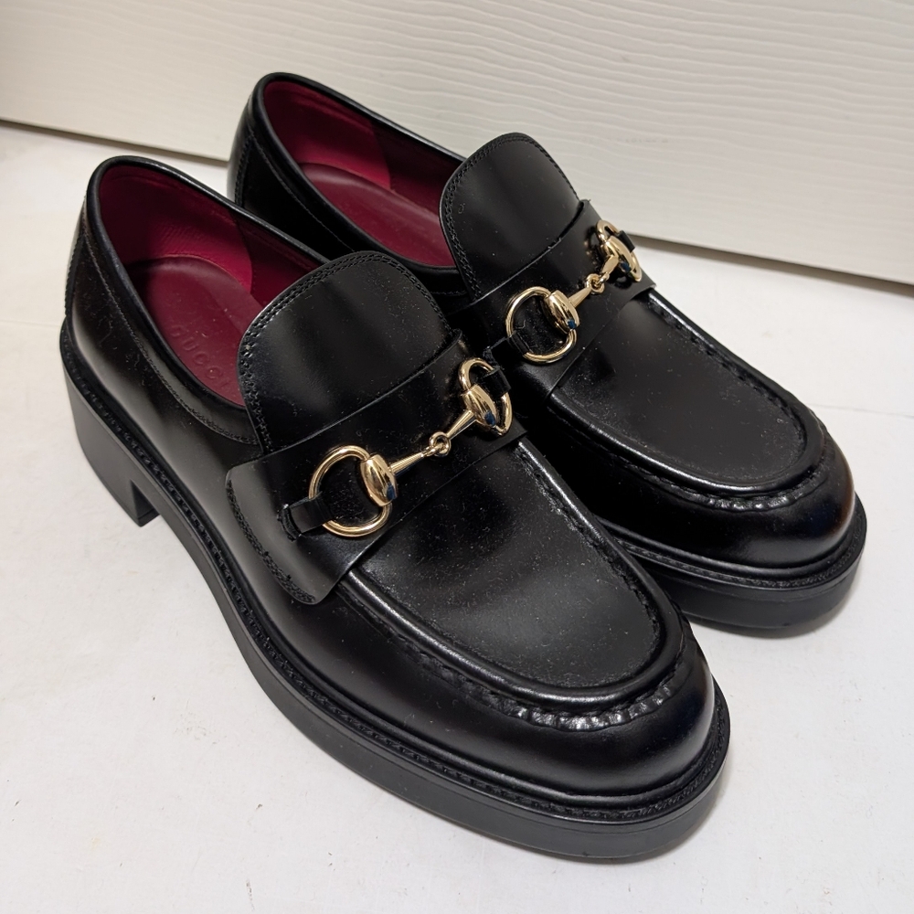 Gucci Mr Horsebit Platform Loafers Women’s EU 36.5 US 6.5 Black Leather Lug Sole - Picture 3 of 10